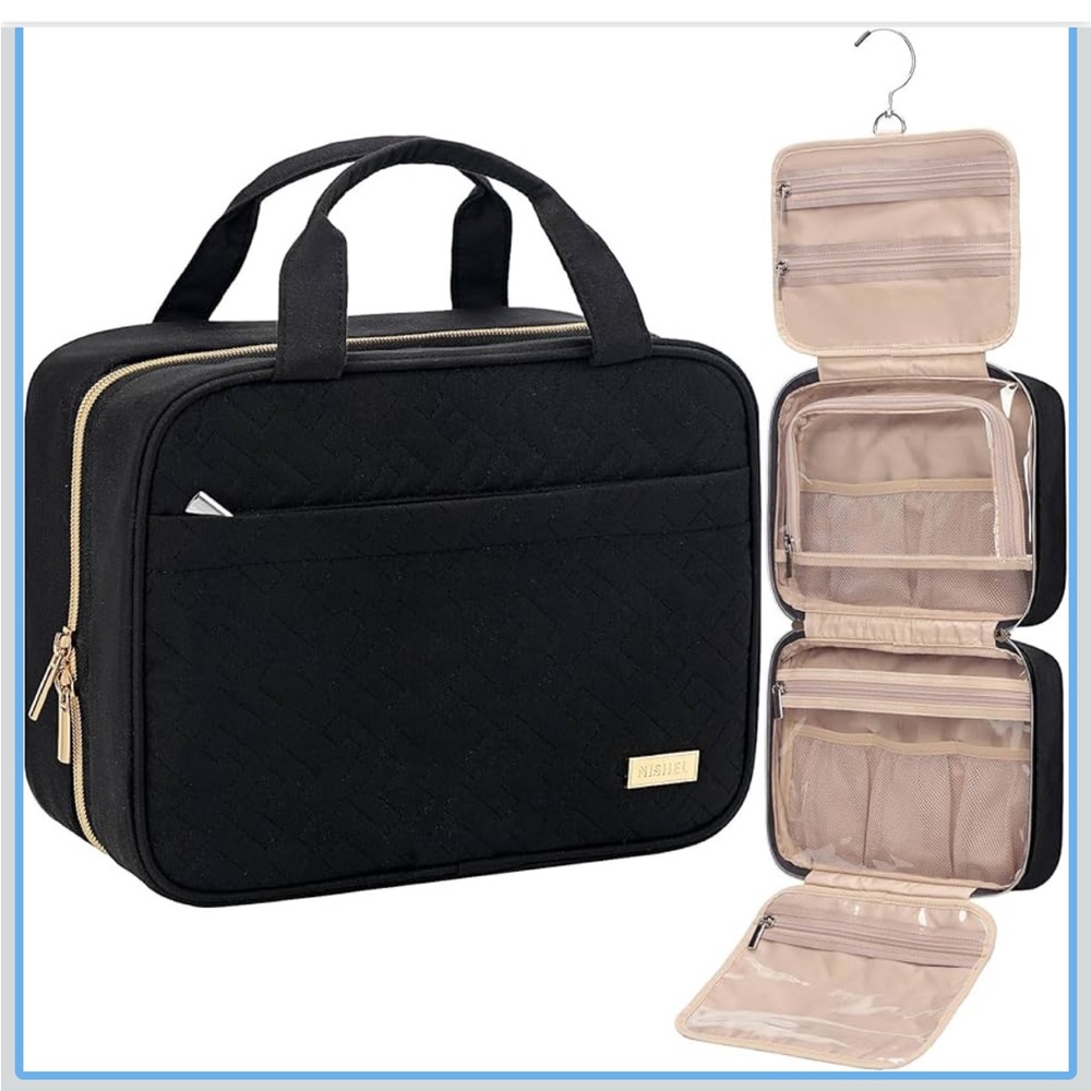 Black Travel Toiletry Bag with Gold Accents